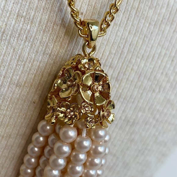 Talbots Opera Necklace Gold Tone Chain Links With Pearl Tassel Pendant - Picture 6 of 9